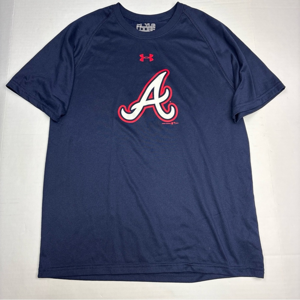 Under Armour Atlanta Braves Boys Youth Large T-Shirt Loose Heat Gear Blue Red